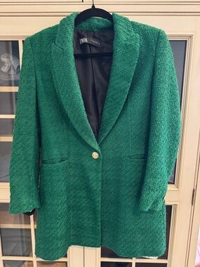 Zara Emerald Green Bouclé Single-Button Blazer